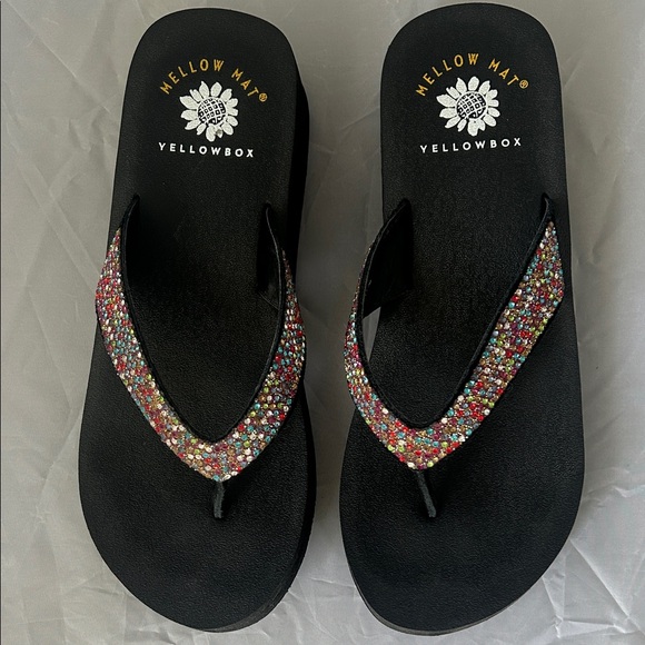 Yellow Box Black Sandals / Flip-Flops with Colorful Rhinestones - Picture 1 of 2